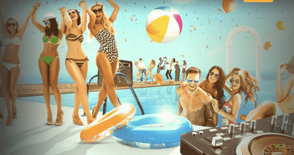 CasinoCruise promo banner - happy people on the pool with DJ controller as roulette wheel
